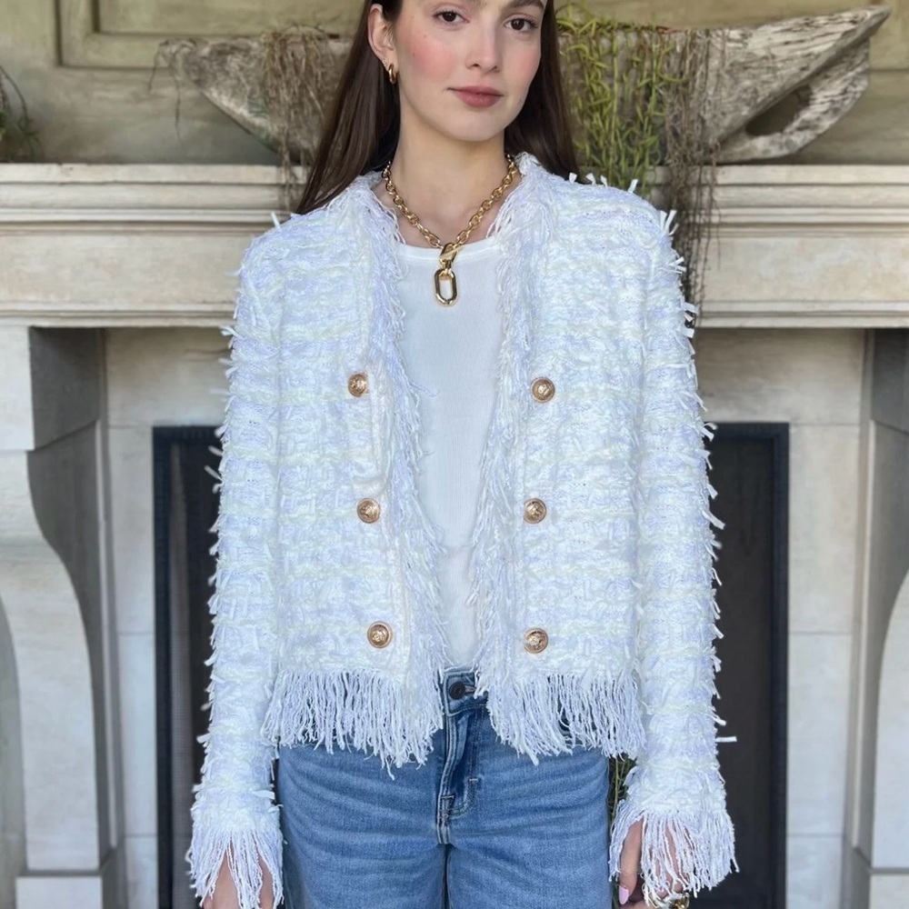 SOLD. Chic White Fringe Blazer